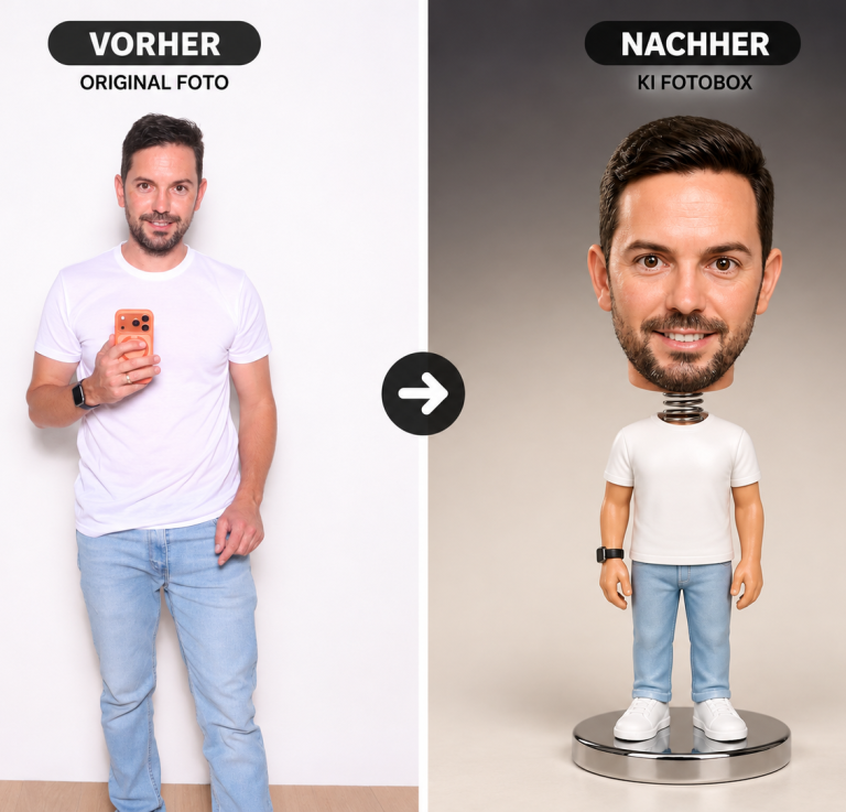 KI Fotobox mieten Stuttgart KI Fotobox mieten in Stuttgart, Vorher Nachher Beispiel mit KI Bildwelt als Figur